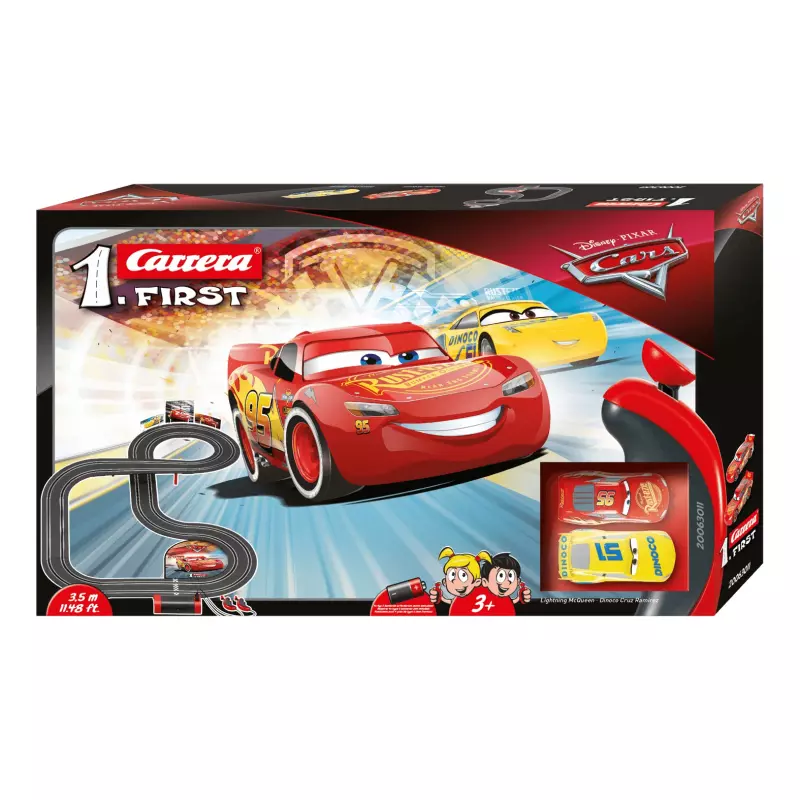 Carrera First Disney/Pixar Cars 3 - Slot Car Race Track - Includes 2 cars:  Lightning McQueen and Dinoco Cruz - Battery-Powered Beginner Racing Set for