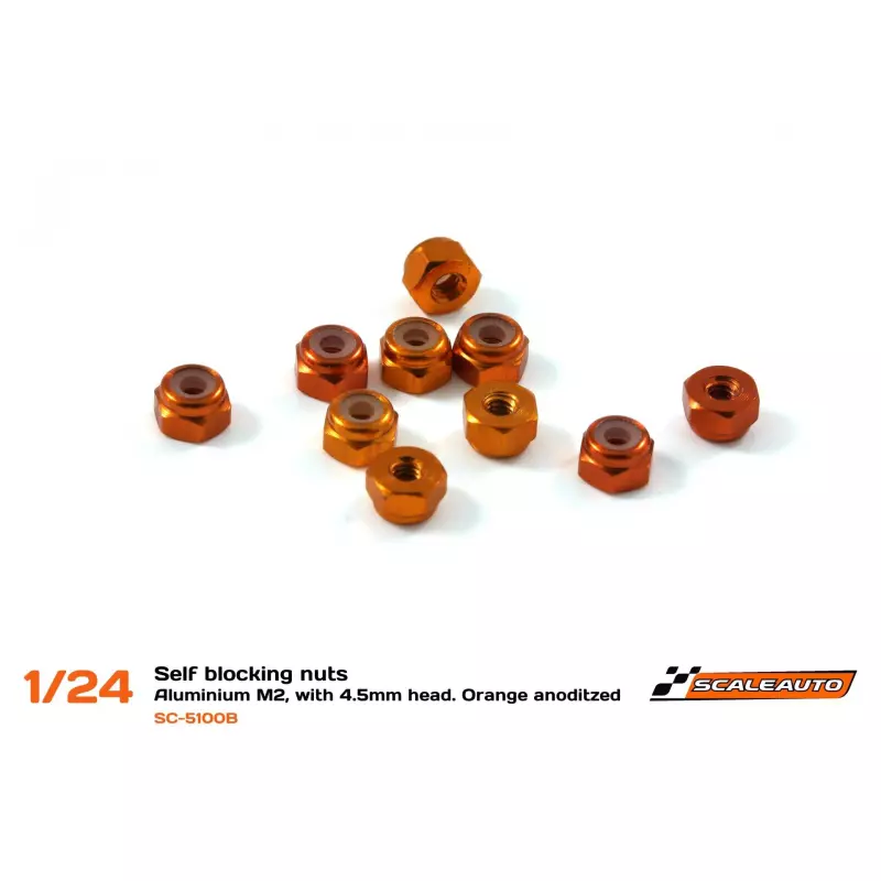 Scaleauto SC-5100B Self blocking nuts - Aluminium M2, with 4.5mm head. Orange anodized