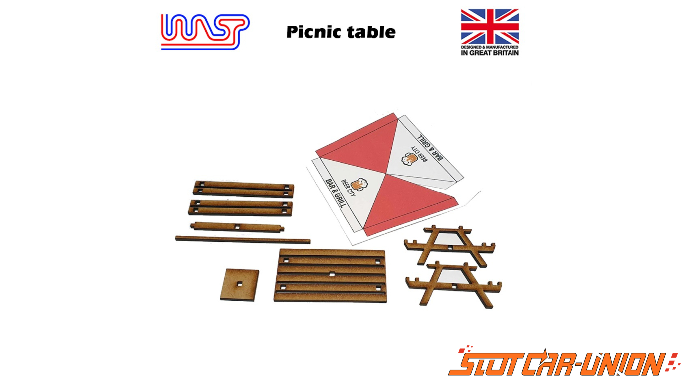 Slot Car Scenery Track Side Picnic Table and Umbrella Pub Bench Blue 1:32 WASP 