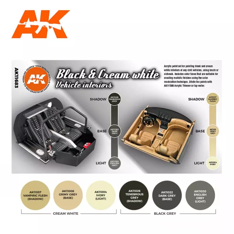 AK Interactive AK11683 Set Couleurs Intérieurs de Véhicule Noir & Blanc Crème 6x17ml