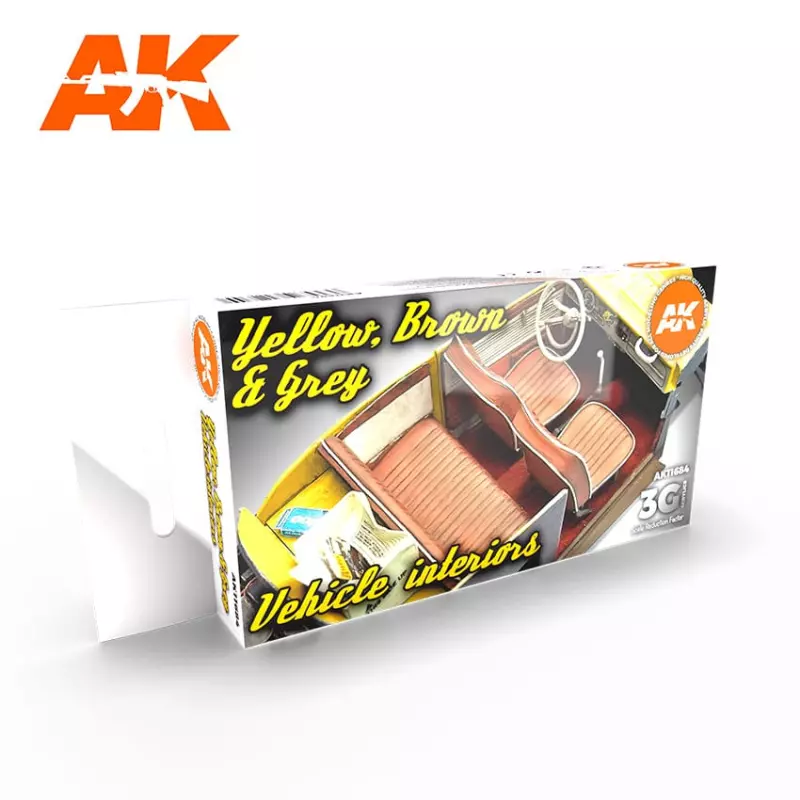  AK Interactive AK11684 Set Couleurs Intérieurs de Véhicule Jaune, Brun & Gris 6x17ml