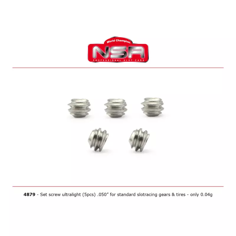  NSR 4879 Set screw ultralight - 0.50" - for standard slotracing gears & tires (5 pcs)