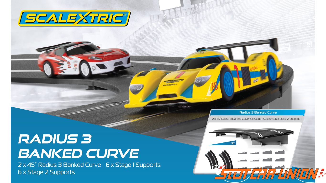 SCALEXTRIC 8 PCS OF RADIUS 2 BANKED 10 DEGREE CURVE SPORT TRACK W/SUPPORTS 1/32 