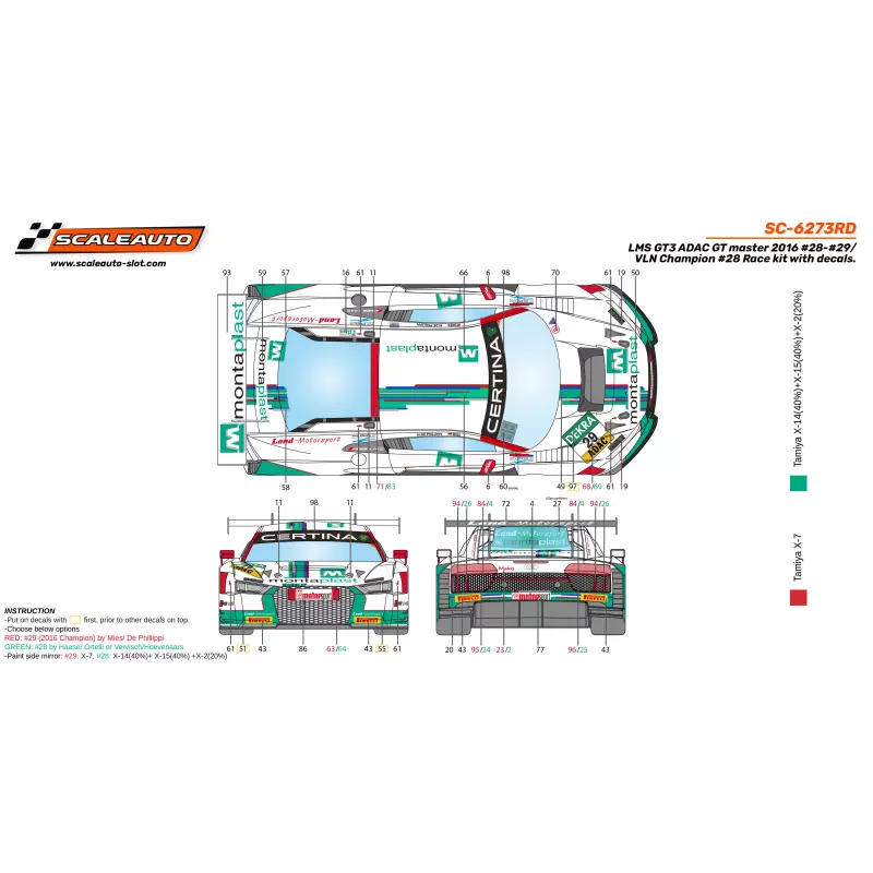 Scaleauto SC-6273RD LMS GT3 ADAC GT Master 2016 n.28-n.29 / VLN Champion n.28 Race kit with decals