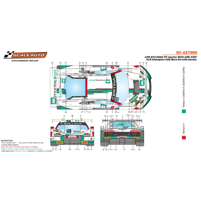 Scaleauto SC-6273RD LMS GT3 ADAC GT Master 2016 n.28-n.29 / VLN Champion n.28 Race kit with decals